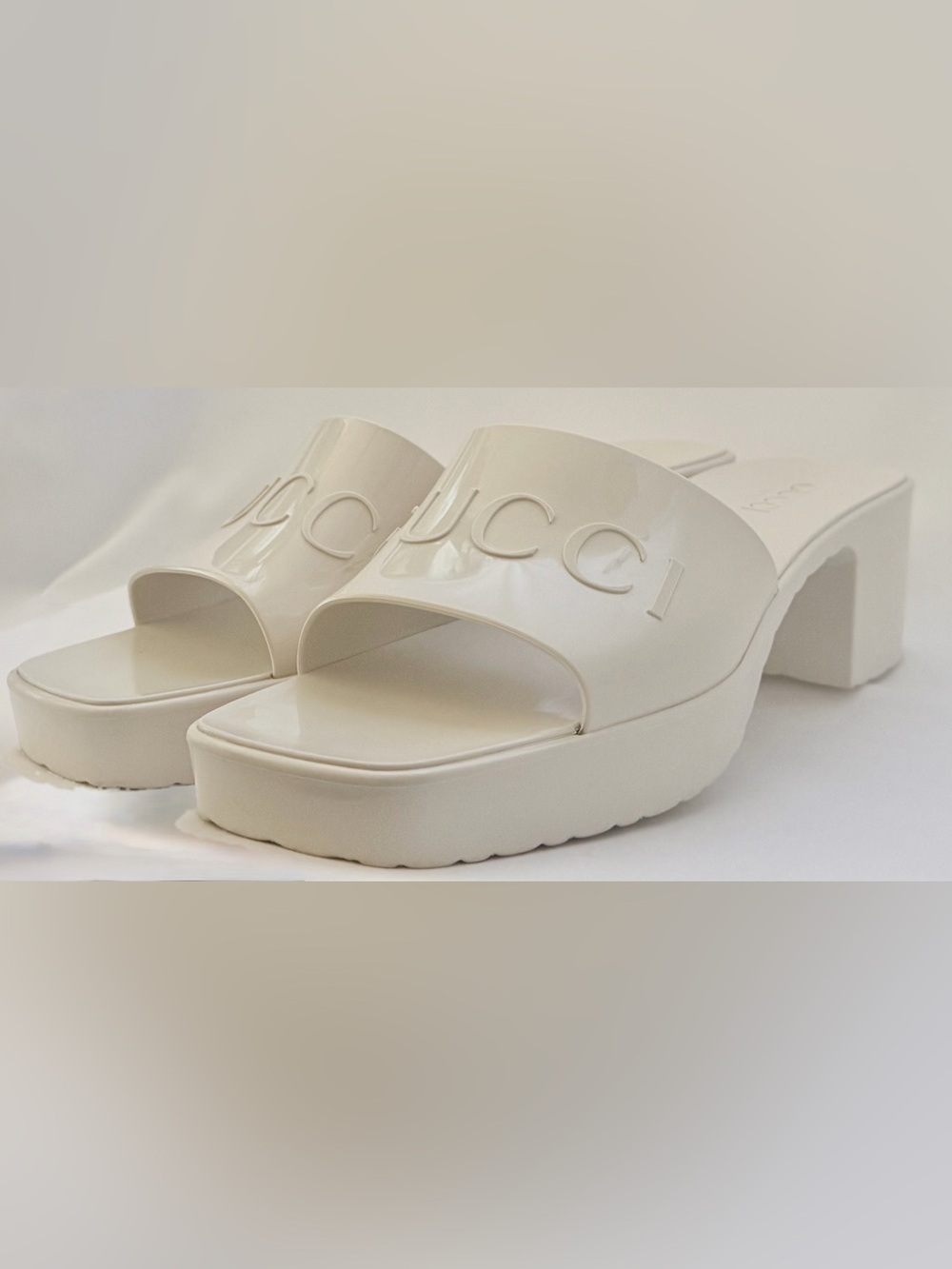 Gucci Logo Rubber Platform Block Heel Slide Sandals Mystic White 39